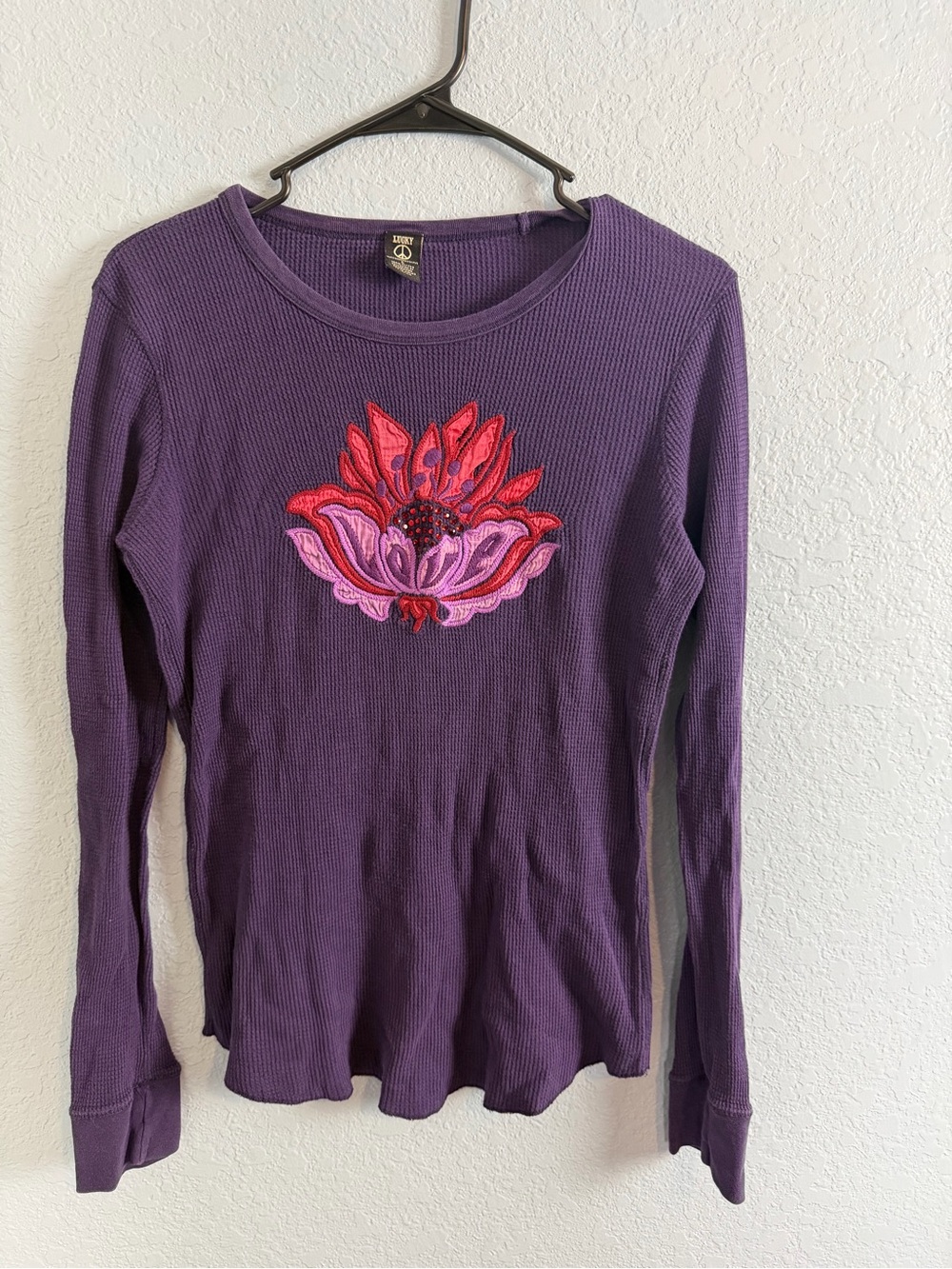 Y2K Lucky Brand Purple Thermal Top Floral Embroidered Boho Hippie Long Sleeve